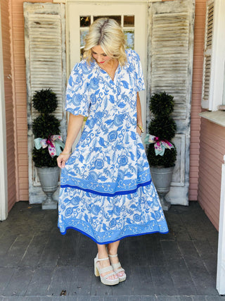 Eloise Dress blue floral tiered midi dress with puff sleeves