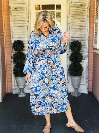 Vaughn Floral Dress in Blue with Colorful Floral Print and Tie Waist