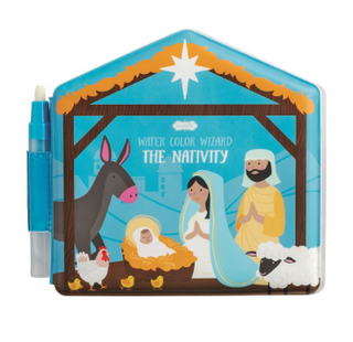Nativity Water Wizard Book with pen included for children ages 3+

Water-activated nativity scene coloring book with Mary, Joseph, and baby Jesus

Open pages of Nativity Water Wizard Book showing color reveal feature

