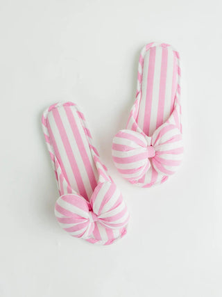 pink cabana stripe bow spa slippers with soft cotton fabric