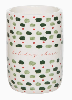 Ceramic holiday tumbler with green and red dot print

White ceramic tumbler with festive holiday cheer design

Holiday print ceramic cup with watercolor dots

Festive ceramic tumbler with red and green pattern
