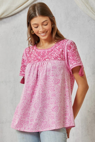 Pink Embroidered Tassel Short Sleeves