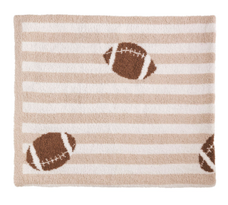 Tailgate Chenille Blanket featuring tan and cream stripes with football accents, made from soft plush chenille fabric.