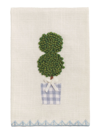 Topiary tea towel with embroidered plant and striped background