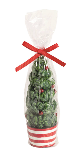 Christmas Topiary Candles featuring hand-painted wax Christmas tree designs in festive decorative pots.