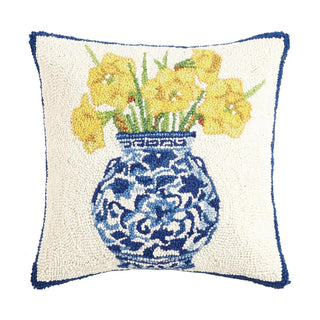Chinoiserie vase daffodils hook pillow with blue and yellow floral design