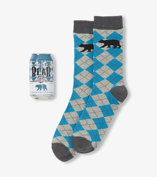 Men’s beer can socks gift set with fun novelty sock designs including bears, fishing, camping, ducks and mushrooms.
