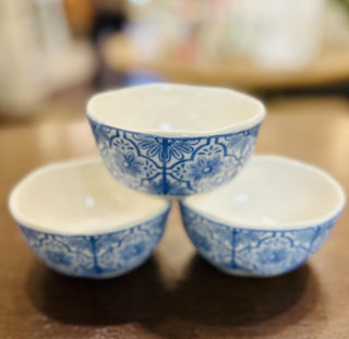 4 inch blue and yellow ceramic prep bowls with floral folk art design