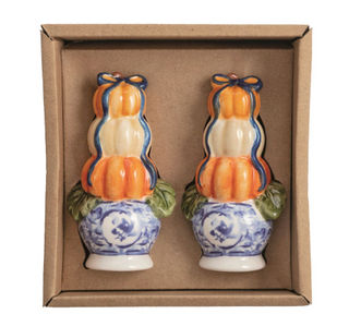 Pumpkin Topiary Salt & Pepper Shaker Set featuring hand-painted stacked pumpkins in blue and white chinoiserie-inspired planters, crafted from stoneware.