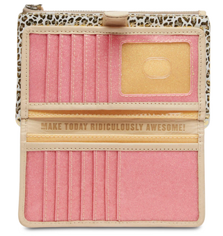 Consuela Kit Slim Wallet with gold jag print and snap closure front view

Interior of Consuela Kit Slim Wallet showing card slots, ID window, and slide pockets

Consuela Kit Slim Wallet foiled leather exterior with zipper compartment

Slim leopard print Consuela wallet with natural leather trim