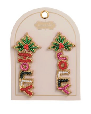 Holiday Beaded Earrings featuring festive Christmas designs including trees, holly, bows, candy canes, and colorful beaded details with hypoallergenic posts.