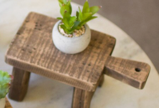 “Wooden cutting board risers styled with small succulents”