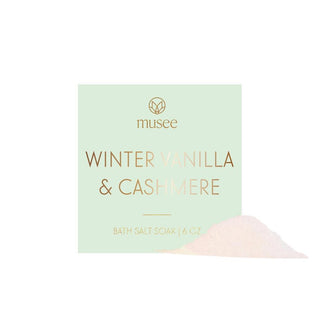Musee Winter Vanilla & Cashmere Mini Bath Salt Soak with pastel packaging

Musee Winter Vanilla & Cashmere bath salts in mint green pouch with salt pile

Mini bath salt soak in winter vanilla and cashmere scent by Musee

Musee bath salt soak with soft pink salts and mint-colored label