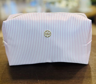 Pink stripe cosmetic bags set with zipper closure