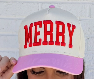 “Pink and natural Merry hat with red 3D embroidery”

“Merry embroidered holiday hat in pink and cream”

“Pink brim baseball cap with red Merry lettering”

“Holiday Merry snapback hat with 3D embroidery”

“Cream and pink Merry Christmas embroidered cap”