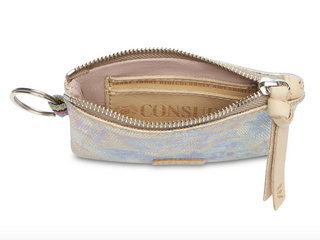 Consuela Gloria Pouch with iridescent textured leather and keyring

Iridescent leather Consuela Gloria zip pouch with natural leather trim

Consuela Gloria Pouch interior with credit card slot and zipper closure

Small Consuela leather pouch with shimmering iridescent finish
