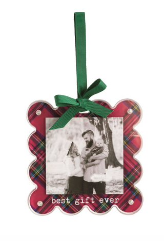 Tartan Photo Ornaments with scalloped acrylic frames, magnetic construction, grosgrain ribbon bows, and hanging loops for displaying 3" x 3" photos.