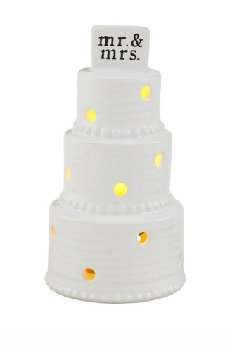 Light-up ceramic wedding cake sitter with LED lights and mr & mrs topper