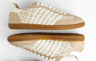 Taupe retro low-top sneakers with lace-up front and cushioned interior