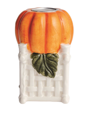 Hand-painted Pumpkin Topiary Taper Holders featuring stacked pumpkins with a blue bow on a white lattice base and coordinating pumpkin taper candle holder.