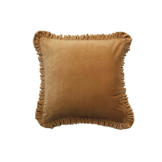Mustard square cotton velvet pillow with ruffled trim 20 inch