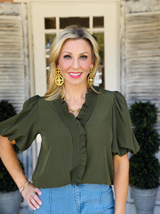 Ava Top olive short bubble sleeve smocked neck blouse for women