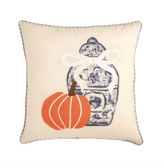 Square Pumpkin Topiary Pillow featuring an appliquéd orange pumpkin and blue and white chinoiserie ginger jar with embroidered details and gingham piping.