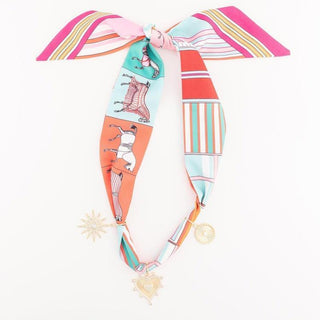 Nadia Scarf Charm Necklace with gold heart and sunburst charms