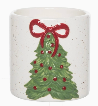 Holiday ceramic juice cup with raised Christmas tree design

White ceramic cup with green tree and red bow for holidays

Festive Christmas tree juice cup with embossed detailing

Holiday ceramic drink cup 8.2oz with tree and bow