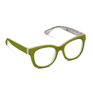 Green blue light glasses with patterned temples by Peepers x Laura Park