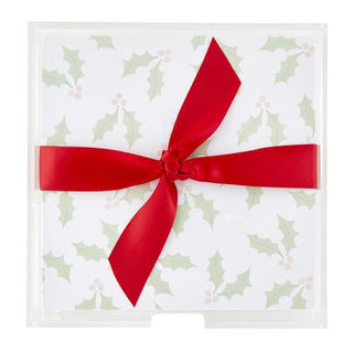 Acrylic notepad holder with mistletoe paper and red ribbon

Clear acrylic note holder with holiday mistletoe design

Christmas mistletoe notepad in acrylic holder

6x6 acrylic note holder with festive paper

Mistletoe notepad set with acrylic case