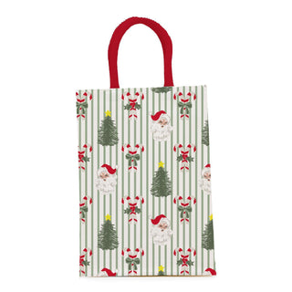 Peppermint Pine wine caddy with Santa, candy cane, and tree pattern

Holiday wine tote with red handles and festive Christmas print

Green striped wine bag with Santa and Christmas tree design

Festive reusable wine caddy featuring candy canes and pine trees

Christmas wine gift bag with holiday pattern and red handle