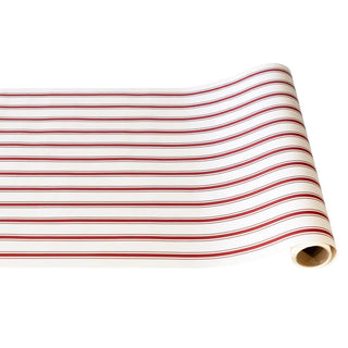 Red Linen Stripe table runner roll with classic red stripes on white background, 20 inch x 25 foot disposable table runner