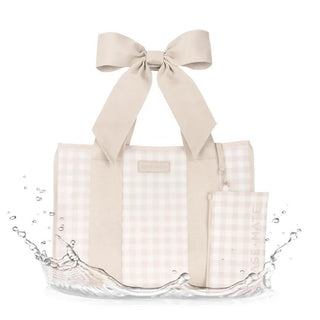 Case Mate Latte Gingham Bow Jelly Tote Bag with neutral gingham print, oversized bow handles, and matching pouch