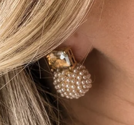 Gold-plated post earrings with pearl pavé sphere and blush crystal top

Elegant stud earrings featuring faux pearls and faceted crystal stone

Blair Pearl Post Earrings in blush and crystal color options