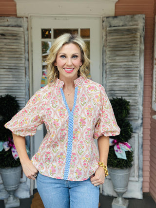 Maggie Top floral puff sleeve V-neck blouse with pink botanical print
