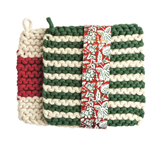 Green Stripe Pot Holder Set featuring two chunky crochet knit pot holders in green, cream, and red stripes with hanging loops for holiday kitchens.