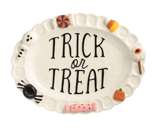 Ceramic Trick or Treat Halloween Candy Platter with hand-painted candy, ghost, spider, pumpkin, candy corn, and eyeball accents around the scalloped rim.