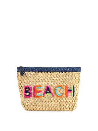 Shiraleah straw zip pouch with colorful “Beach” embroidery