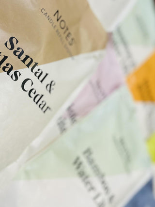 NOTES Candle Refill Bag with natural wax beads and cotton wick

Eco-friendly candle refill with soy, rice bran, and beeswax

Sustainable candle refill kit for NOTES Starter Glass