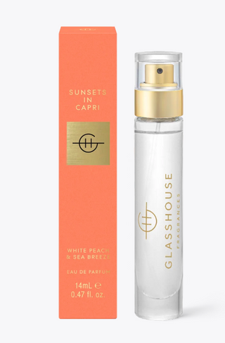 Glasshouse Sunsets in Capri perfume bottle and box

Sunsets in Capri Eau de Parfum by Glasshouse Fragrances

Glasshouse Sunsets in Capri white peach and sea breeze scent

Sunsets in Capri 100 ml perfume with gold label and coral box

Glasshouse Fragrances Sunsets in Capri travel spray