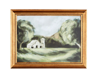 Framed canvas landscape art with pastoral countryside scene