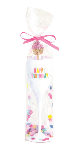 Happy Birthday acrylic champagne flute with stirrer and confetti wrap