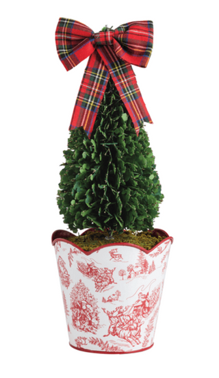 Toile Boxwood Topiary with red plaid bow in decorative red and white toile planter.