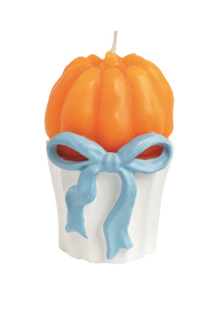 Pumpkin Topiary Candles featuring figural stacked pumpkins with elegant blue bows, wrapped in cello for fall decorating and gifting.