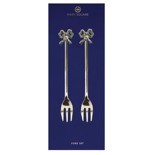 Set of two gold appetizer forks with festive handles

Elegant holiday fork set with bow and wreath tops

Gold-tone appetizer forks on navy packaging

Festive serving forks perfect for holiday entertaining

Mary Square gold fork set with decorative handles