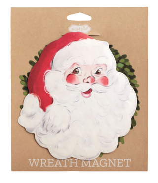 Santa Wreath Magnet featuring a vintage-inspired Santa Claus figural tin charm with a magnetic back for interchangeable Christmas wreath décor.