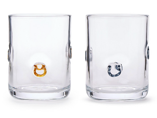 Clear double old fashioned glass with embossed horseshoe design