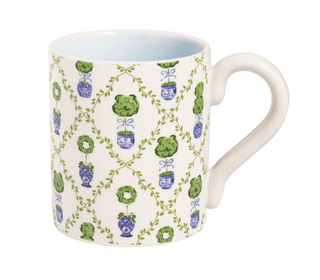 Topiary ceramic mug with blue and green botanical design