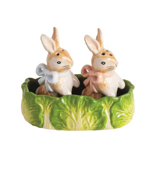 Hand-painted bunny salt and pepper shakers with cabbage stoneware caddy